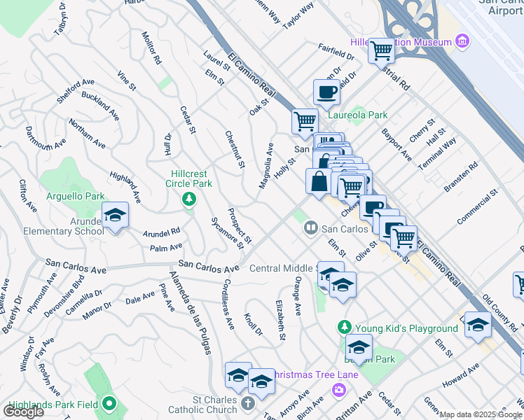 map of restaurants, bars, coffee shops, grocery stores, and more near 547 Cedar Street in San Carlos