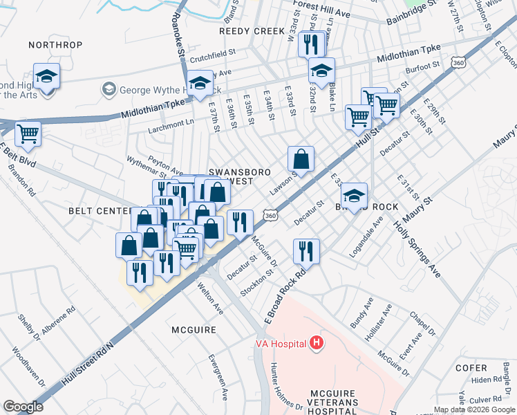 map of restaurants, bars, coffee shops, grocery stores, and more near 3735 Hull Street in Richmond