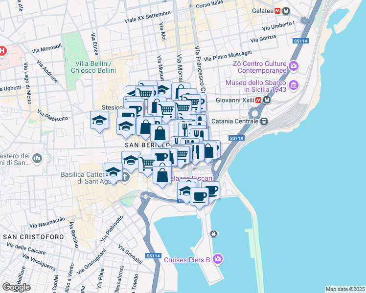 map of restaurants, bars, coffee shops, grocery stores, and more near 21 Via Monsignore Ventimiglia in Catania
