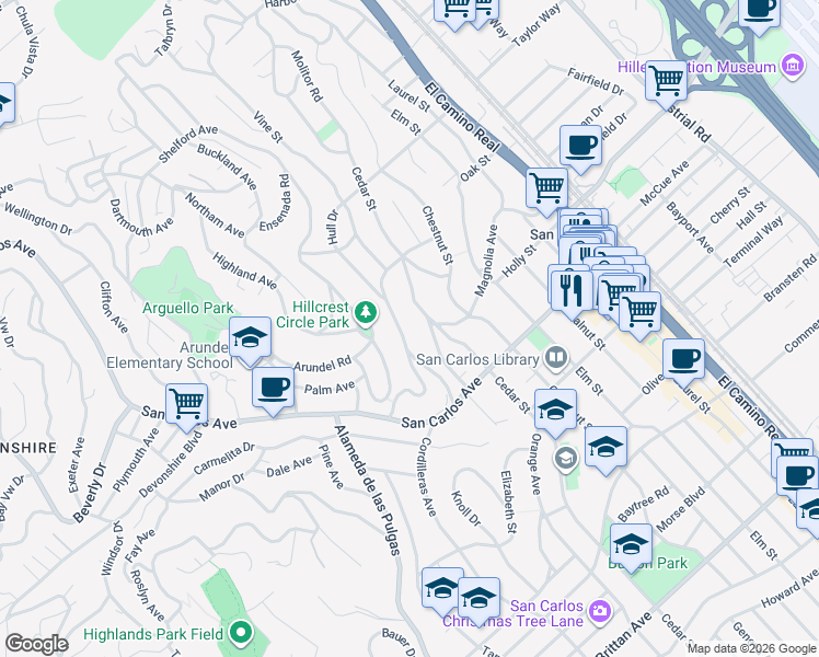 map of restaurants, bars, coffee shops, grocery stores, and more near 409 Sycamore Street in San Carlos