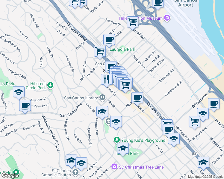 map of restaurants, bars, coffee shops, grocery stores, and more near 657 Walnut Street in San Carlos