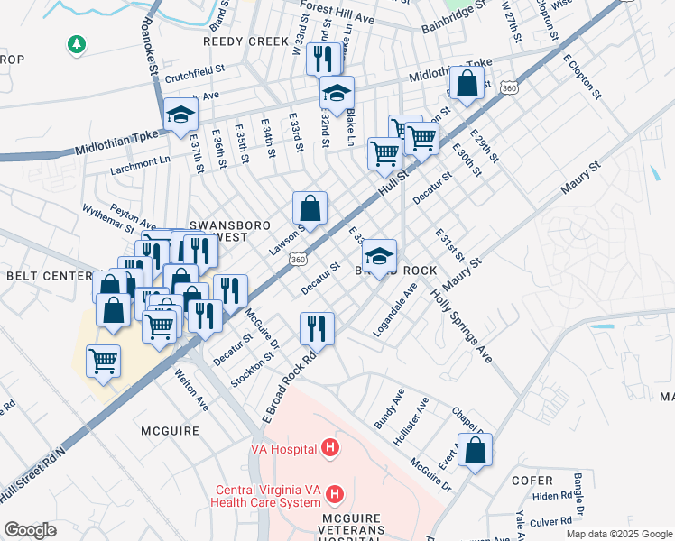 map of restaurants, bars, coffee shops, grocery stores, and more near 3410 Decatur Street in Richmond