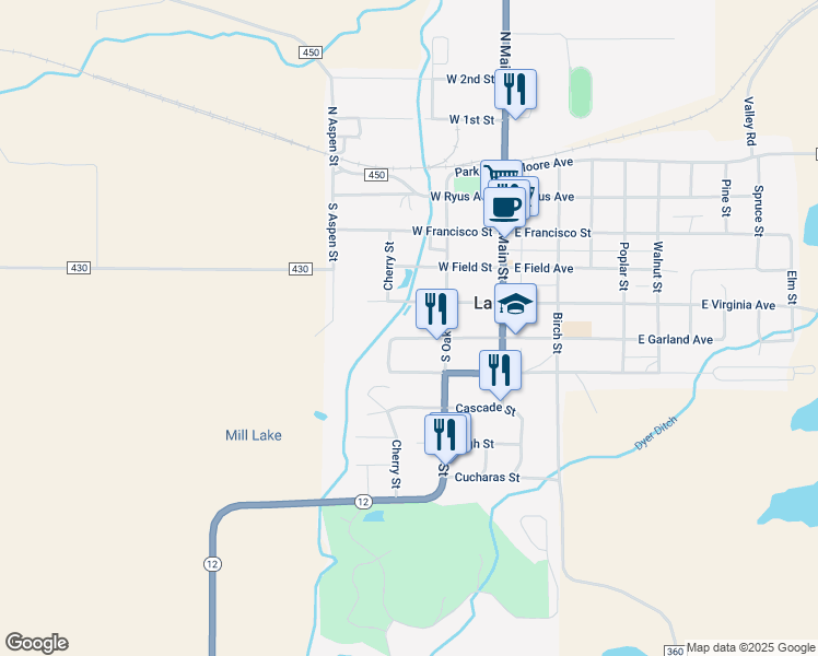 map of restaurants, bars, coffee shops, grocery stores, and more near 600-698 Cherry St in La Veta
