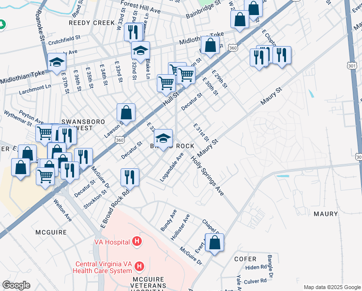 map of restaurants, bars, coffee shops, grocery stores, and more near 3201 Logandale Avenue in Richmond