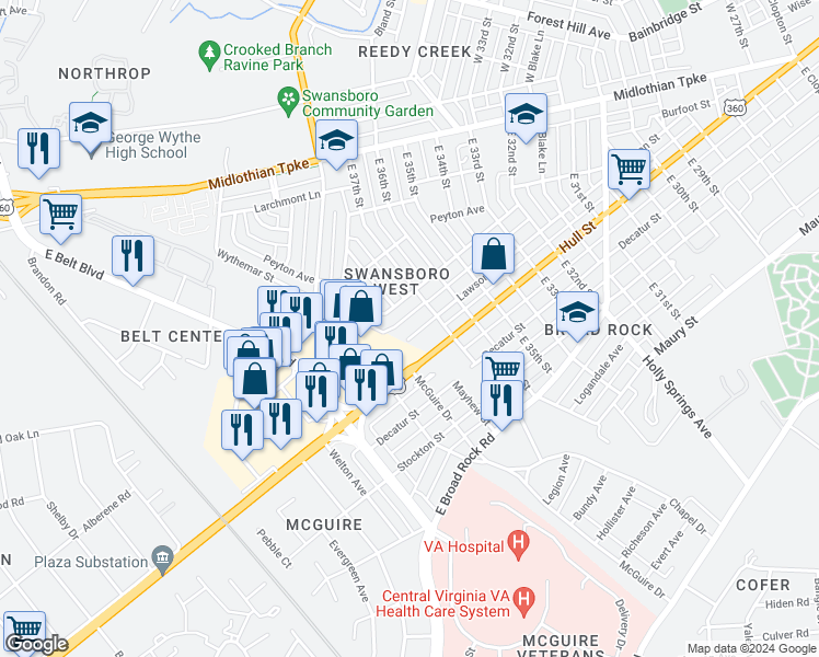 map of restaurants, bars, coffee shops, grocery stores, and more near 3719 Lawson Street in Richmond