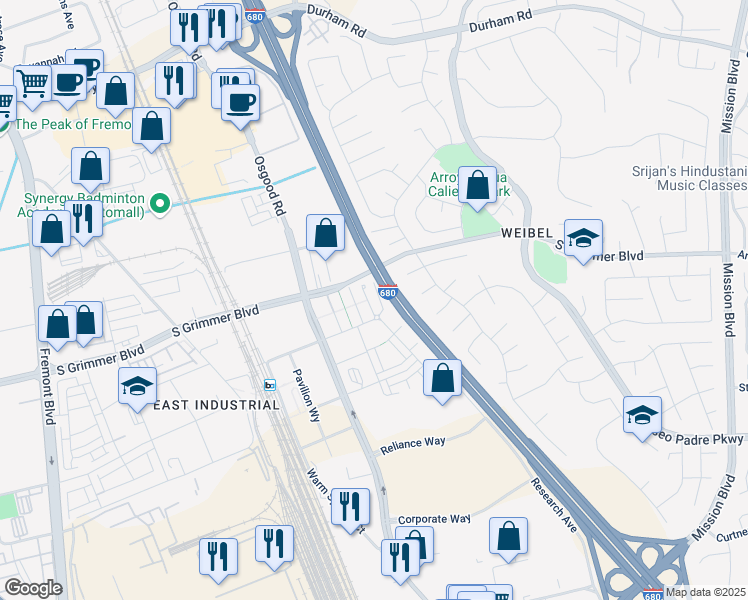 map of restaurants, bars, coffee shops, grocery stores, and more near 45188 Tom Blalock Street in Fremont