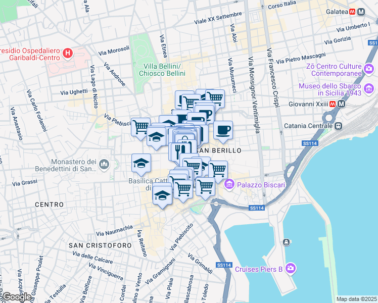 map of restaurants, bars, coffee shops, grocery stores, and more near 2 Via Cestai in Catania