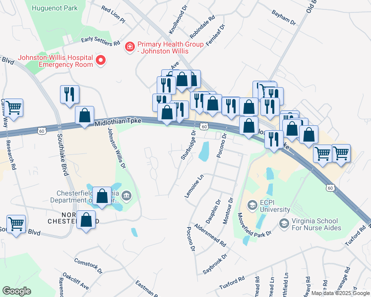map of restaurants, bars, coffee shops, grocery stores, and more near 801 Nantucket Court in Richmond