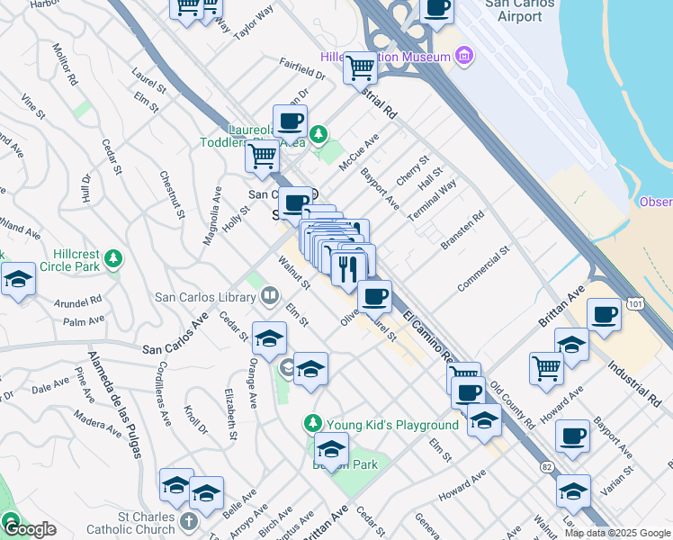 map of restaurants, bars, coffee shops, grocery stores, and more near 717 Laurel Street in San Carlos