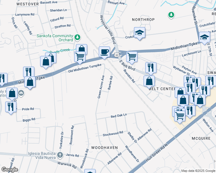 map of restaurants, bars, coffee shops, grocery stores, and more near 132 Bartee Road in Richmond