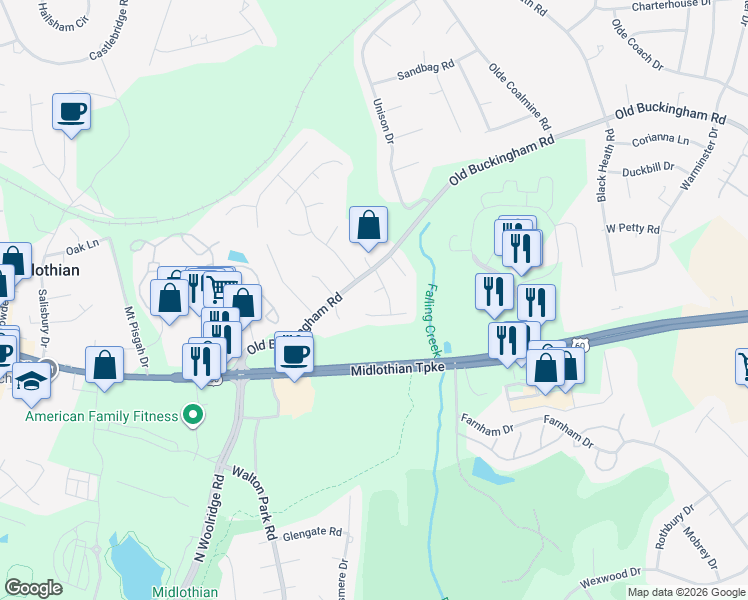 map of restaurants, bars, coffee shops, grocery stores, and more near 12710 Mill Lock Terrace in Midlothian