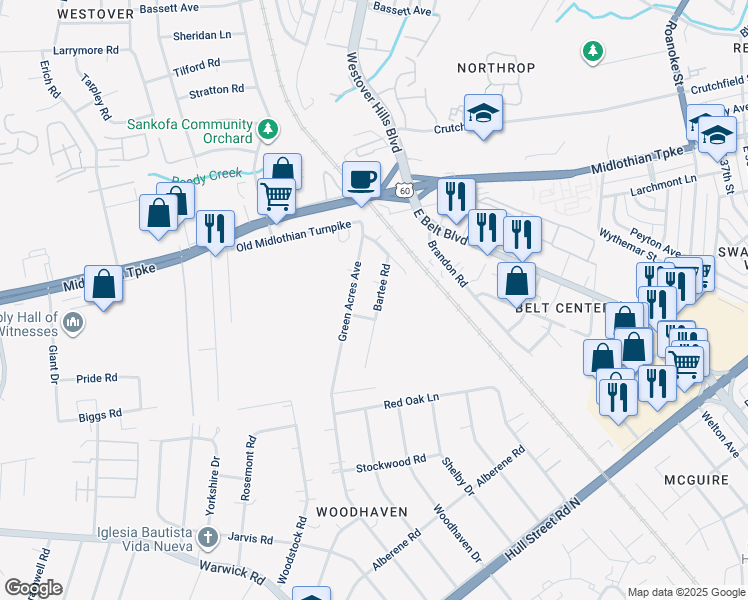 map of restaurants, bars, coffee shops, grocery stores, and more near 132 Bartee Road in Richmond