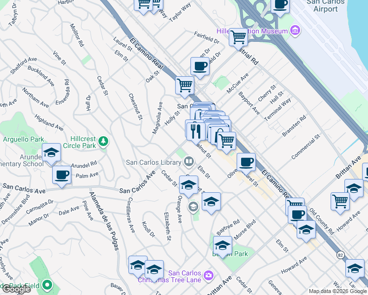 map of restaurants, bars, coffee shops, grocery stores, and more near in San Carlos