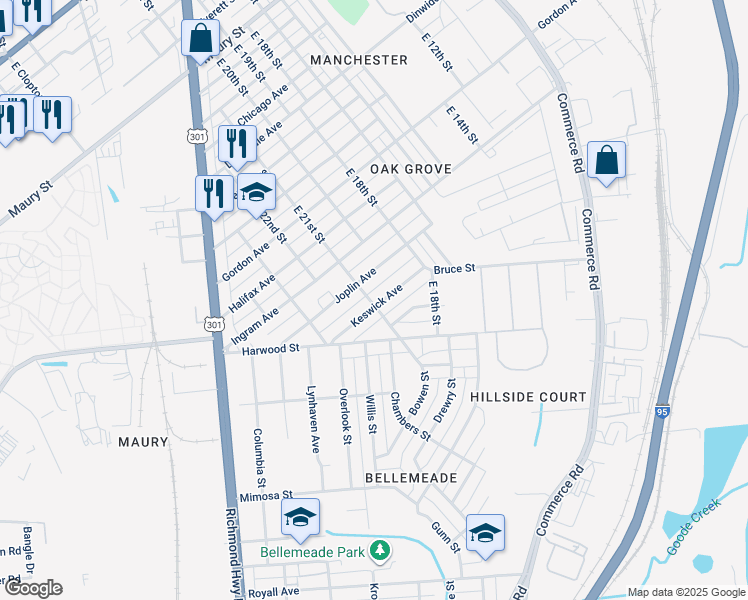 map of restaurants, bars, coffee shops, grocery stores, and more near 1835 Keswick Avenue in Richmond