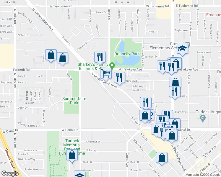 map of restaurants, bars, coffee shops, grocery stores, and more near 1140 North Front Street in Turlock
