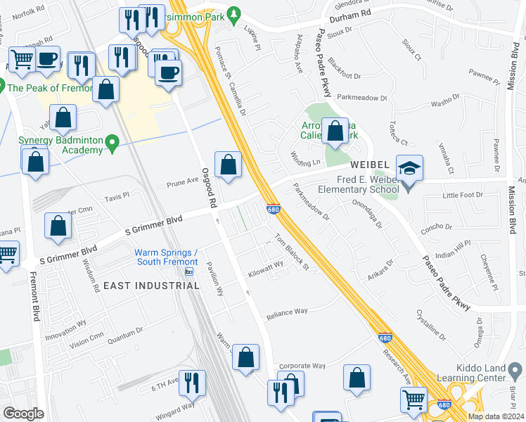 map of restaurants, bars, coffee shops, grocery stores, and more near 45188 Tom Blalock Street in Fremont