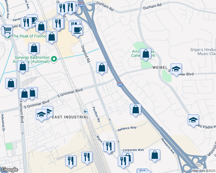 map of restaurants, bars, coffee shops, grocery stores, and more near 45168 Tom Blalock Street in Fremont