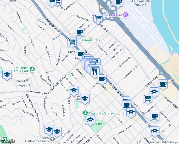 map of restaurants, bars, coffee shops, grocery stores, and more near 760 Laurel Street in San Carlos