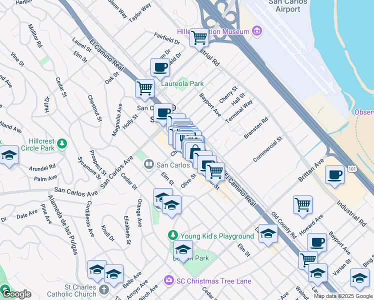 map of restaurants, bars, coffee shops, grocery stores, and more near 760 Laurel Street in San Carlos