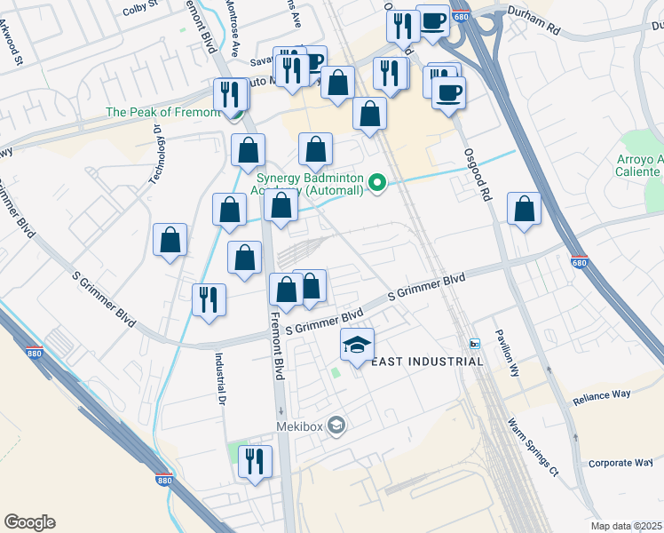 map of restaurants, bars, coffee shops, grocery stores, and more near 3493 Router Cmn in Fremont