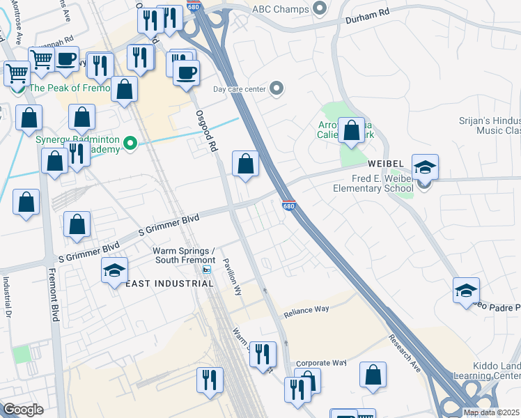 map of restaurants, bars, coffee shops, grocery stores, and more near 2358 Velocity Common in Fremont