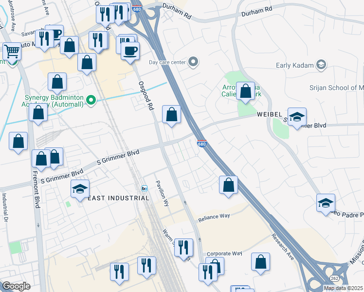 map of restaurants, bars, coffee shops, grocery stores, and more near 2358 Velocity Common in Fremont