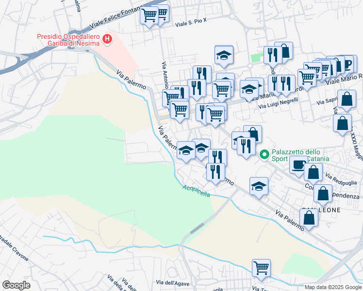map of restaurants, bars, coffee shops, grocery stores, and more near 655 Via Palermo in Catania
