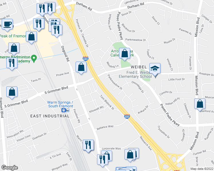 map of restaurants, bars, coffee shops, grocery stores, and more near 1888 Nakoma Court in Fremont