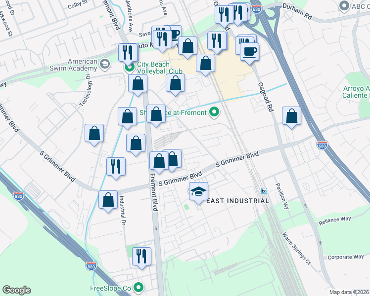 map of restaurants, bars, coffee shops, grocery stores, and more near 3493 Router Cmn in Fremont