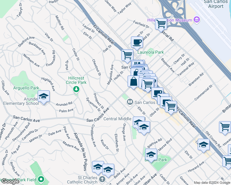 map of restaurants, bars, coffee shops, grocery stores, and more near 565 Chestnut Street in San Carlos