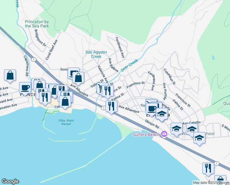 map of restaurants, bars, coffee shops, grocery stores, and more near 262 Valencia Avenue in Half Moon Bay
