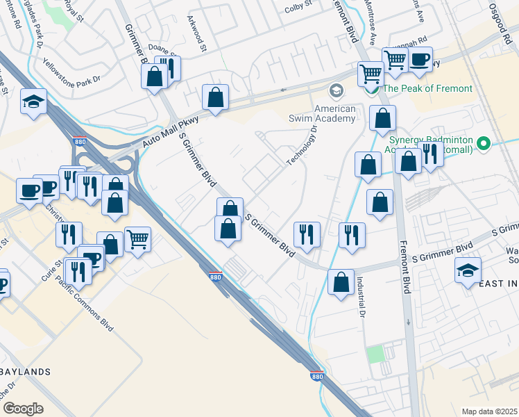 map of restaurants, bars, coffee shops, grocery stores, and more near 4400 Technology Drive in Fremont