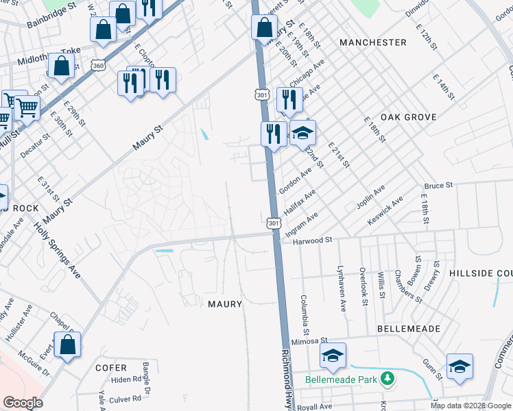 map of restaurants, bars, coffee shops, grocery stores, and more near 1100 Jefferson Davis Highway in Richmond