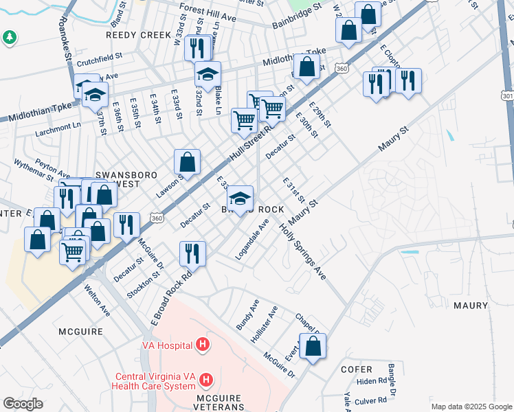map of restaurants, bars, coffee shops, grocery stores, and more near 3202 East Broad Rock Road in Richmond