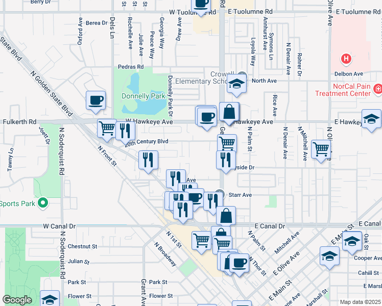 map of restaurants, bars, coffee shops, grocery stores, and more near 245 Almond Avenue in Turlock