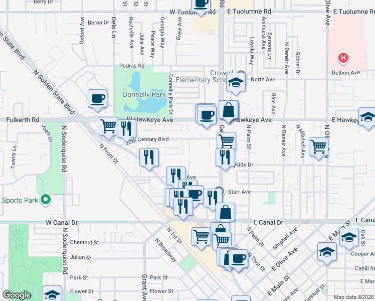 map of restaurants, bars, coffee shops, grocery stores, and more near 245 Almond Avenue in Turlock