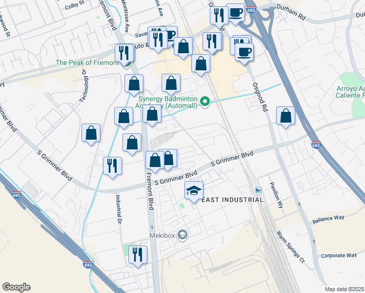 map of restaurants, bars, coffee shops, grocery stores, and more near 3493 Router Cmn in Fremont