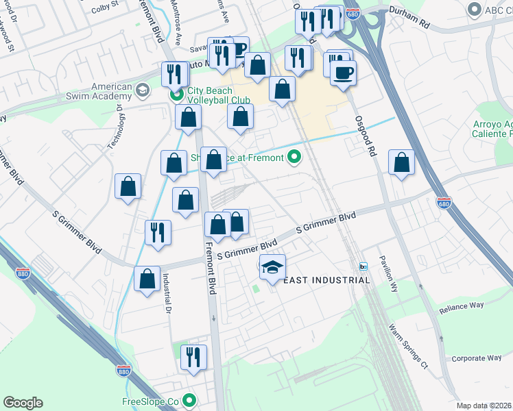 map of restaurants, bars, coffee shops, grocery stores, and more near 44601-44799 Old Warm Springs Boulevard in Fremont