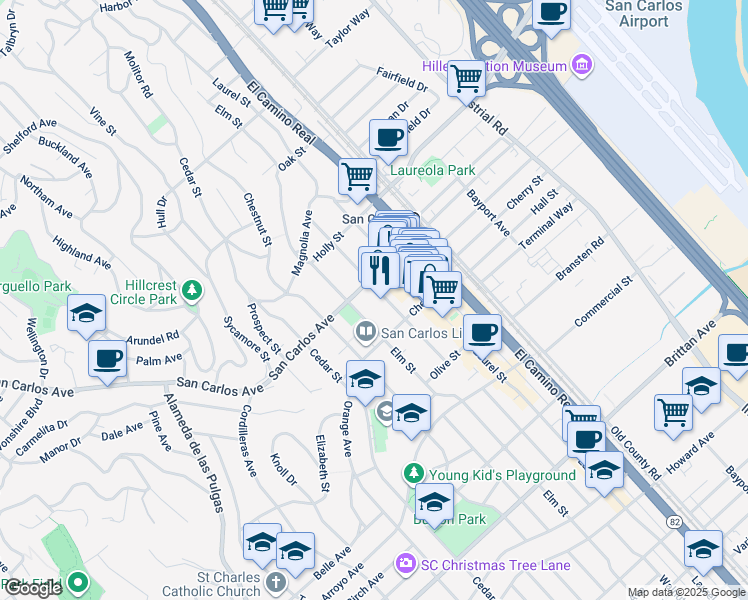 map of restaurants, bars, coffee shops, grocery stores, and more near in San Carlos