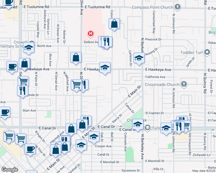 map of restaurants, bars, coffee shops, grocery stores, and more near 1209 Colorado Avenue in Turlock
