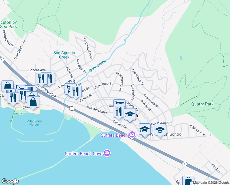 map of restaurants, bars, coffee shops, grocery stores, and more near 454 Palma Street in Half Moon Bay
