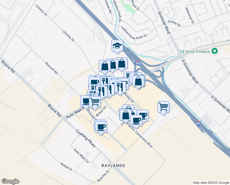 map of restaurants, bars, coffee shops, grocery stores, and more near 43440 Boscell Road in Fremont
