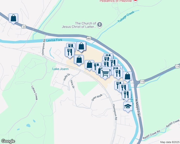 map of restaurants, bars, coffee shops, grocery stores, and more near 377 Thompson Road in Pikeville