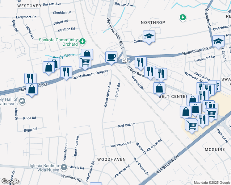 map of restaurants, bars, coffee shops, grocery stores, and more near 128 Bartee Road in Richmond