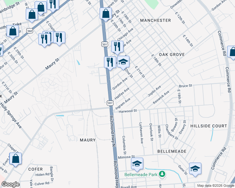 map of restaurants, bars, coffee shops, grocery stores, and more near 2319 Gordon Avenue in Richmond