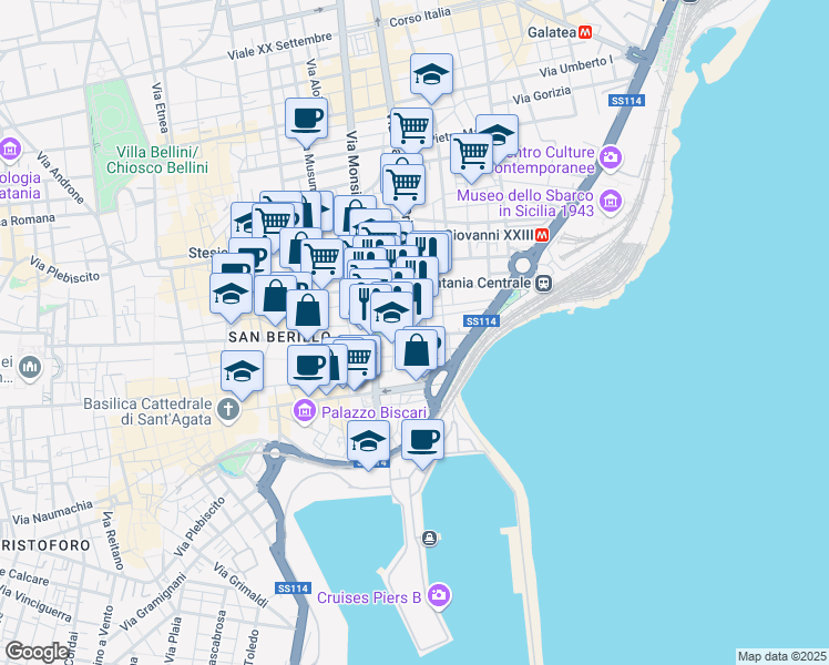 map of restaurants, bars, coffee shops, grocery stores, and more near 6 Piazza Gandolfo Antonino in Catania