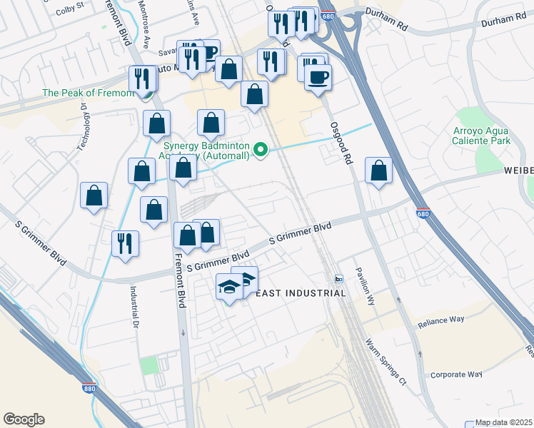 map of restaurants, bars, coffee shops, grocery stores, and more near 44762 Old Warm Springs Boulevard in Fremont