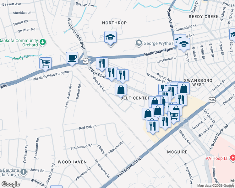 map of restaurants, bars, coffee shops, grocery stores, and more near 168 East Belt Boulevard in Richmond