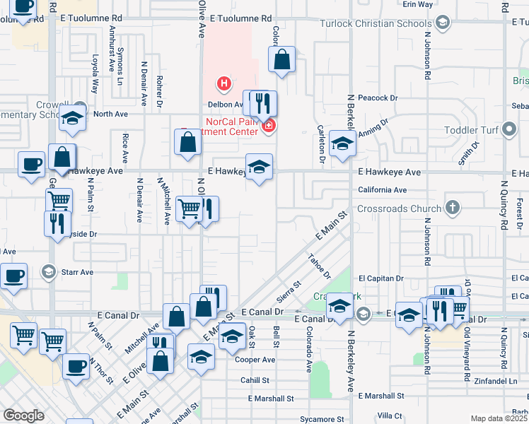 map of restaurants, bars, coffee shops, grocery stores, and more near 1410 Colorado Avenue in Turlock