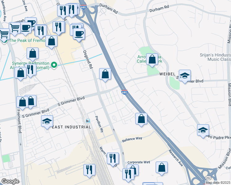 map of restaurants, bars, coffee shops, grocery stores, and more near 45039 South Grimmer Boulevard in Fremont